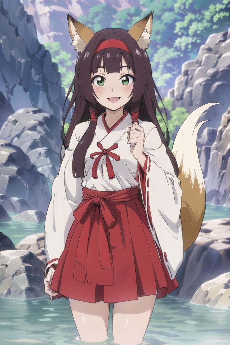 ((masterpiece,best quality)), absurdres,<lora:Isekai_Onsen_Paradise:0.8>,1girl, long hair, blush, skirt, black hair, ribbon, animal ears, green eyes, tail, sidelocks, hairband, outdoors, japanese clothes, wide sleeves, water, fox ears, fox tail, fox girl, ribbon trim, hakama, hakama skirt, partially submerged, ribbon-trimmed sleeves, miko, red hairband, red hakama, looking at viewer, smile,