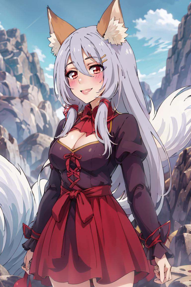 ((masterpiece,best quality)), absurdres,<lora:Isekai_Onsen_Paradise:0.8>,  1girl, long hair, blush, skirt, white hair, ribbon, animal ears, purple caplet, red eyes,  cleavage cutout, fox ears, purple dress, long sleeves, purple bow, animal ears, hair between eyes, grey hair, hairclip, looking at viewer, smile, 