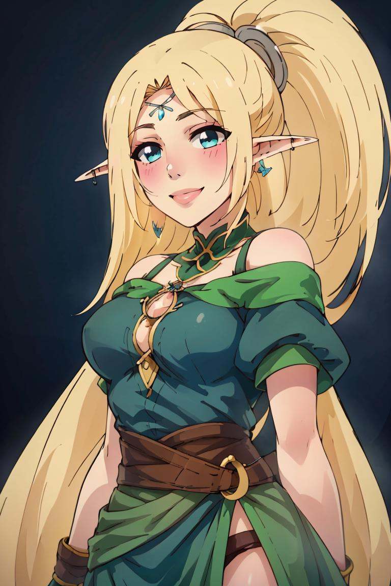 ((masterpiece,best quality)), absurdres,<lora:Isekai_Onsen_Paradise:0.8>,   cowboy shot, 1girl, solo, long hair, looking at viewer, blush,  blue eyes, blonde hair, simple background, white background, jewelry, ponytail, earrings, pointy ears, smile, elf, circlet, green clothes, 