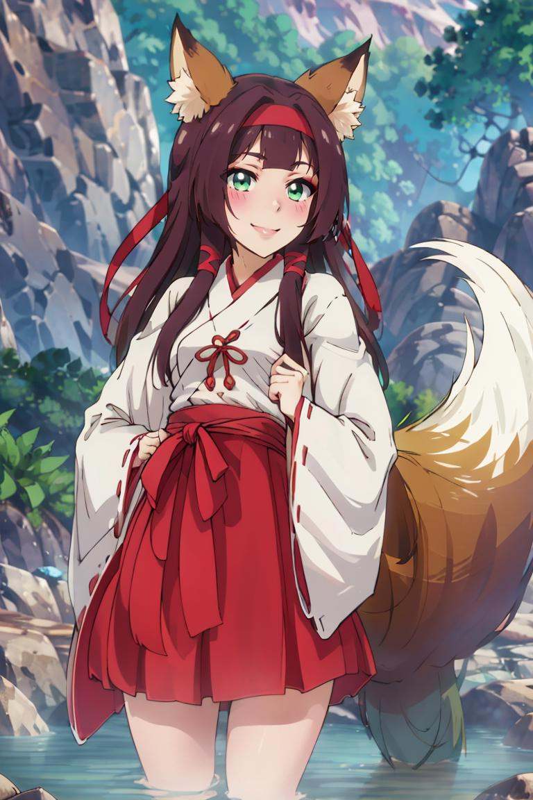 ((masterpiece,best quality)), absurdres,<lora:Isekai_Onsen_Paradise:0.8>,1girl, long hair, blush, skirt, black hair, ribbon, animal ears, green eyes, tail, sidelocks, hairband, outdoors, japanese clothes, wide sleeves, water, fox ears, fox tail, fox girl, ribbon trim, hakama, hakama skirt, partially submerged, ribbon-trimmed sleeves, miko, red hairband, red hakama,looking at viewer, smile,