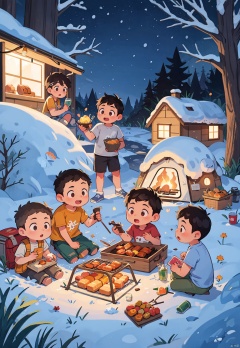 (5 boys watching and playing with each other), whole body (Laurie: 1.2), camping, picnicking, barbecue, barbecue, winter, snow, night, children's illustrations, masterpiece, best quality,