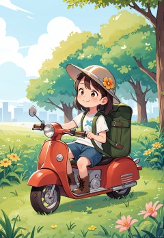 Pixar style,MG ip,1girl,ground vehicle,motor vehicle,outdoors,shorts,brown hair,brown eyes,scooter,solo,child,bag,hat,long hair,short sleeves,shirt,flower,backpack,depth of field,blurry background,sitting,grass,smile,shoes,day,boots,closed mouth,cross-laced footwear,tree,helmet,blue shorts,
