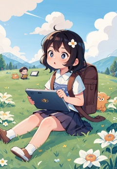 (Masterpiece), (Best Quality), Children's Illustration, Line Stroke, 1 cute girl, blue pupils, curly brown hair, holding a book, backpack, tablet, sitting on the grass, looking at the sky, clouds, donuts, white flowers, detailed details,
