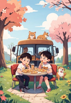 The children eat pizza and drink coffee with their dogs in the park,and in front of the bus on the cherry tree,use picture book illustrations,hand drawn styles,and flat illustrations