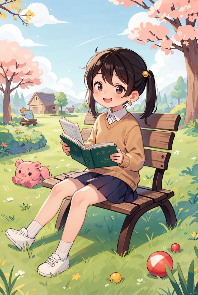 ((A child,small cute plush ball errings,pigtails,jumper skirt,A charming smile,reading picture-story book)),Parks, lawns, cherry trees, benches, masterpiece, best quality,