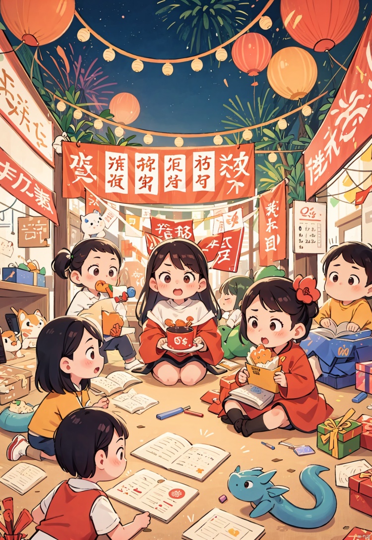 Dopamine color system, a group of children, lovely dragons, New Year's Day, Spring Festival, fireworks, lanterns, balloons, gifts, clocks, calendars, firecrackers, red, white, gold, creative New Year's Day posters, large background pictures