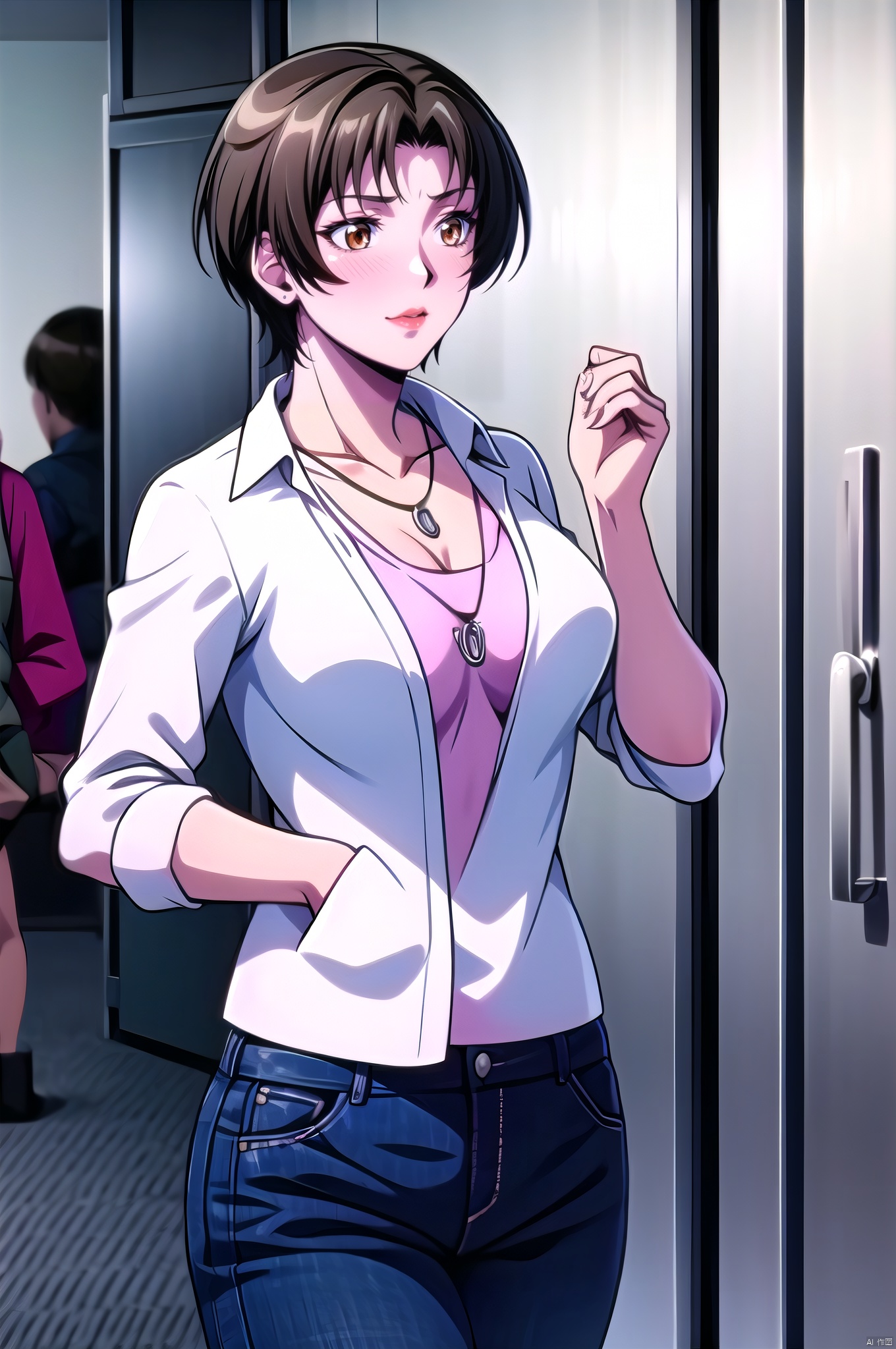 Ikumi, 1girl, solo, jewelry, short hair, brown eyes, necklace, brown hair, shirt, jacket, white shirt, pendant, indoors, open clothes, breasts, collarbone, bangs,, nice hands, , Ikumi,cowboy_shot,