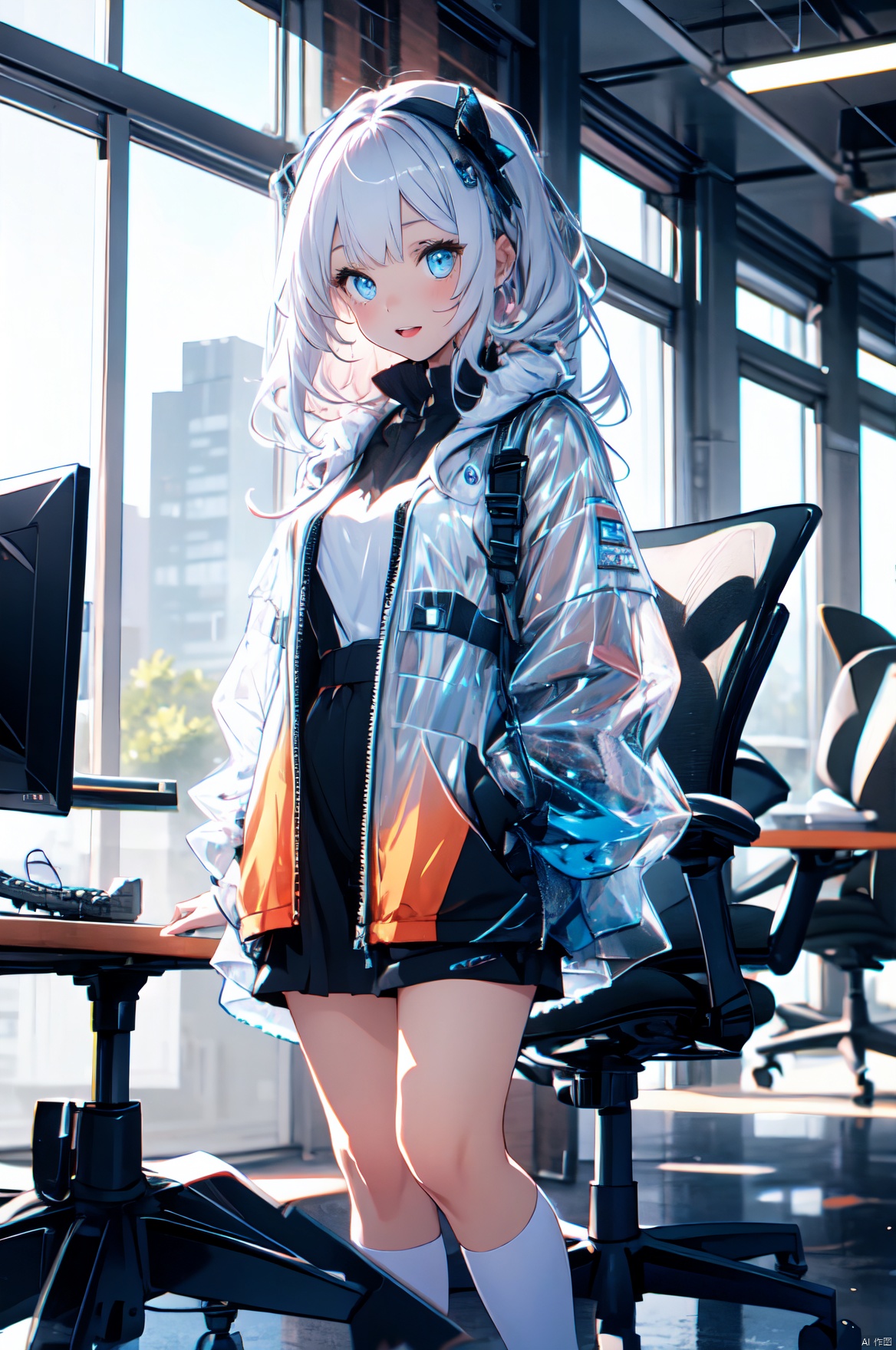  highres,masterpiece,best quality,highres,1girl,long white hair, blue eyes, bangs,solo,upper_body,sitting,(hands are typing):1.2,(A girl at work):1.3,(short hair):1.2,light blush,happy,laughing,open mouth,(white protective clothing):1.24,computer,keyboard,(day,morning):1.2,indoor,(office,windowpane):1.2,table,armchair,