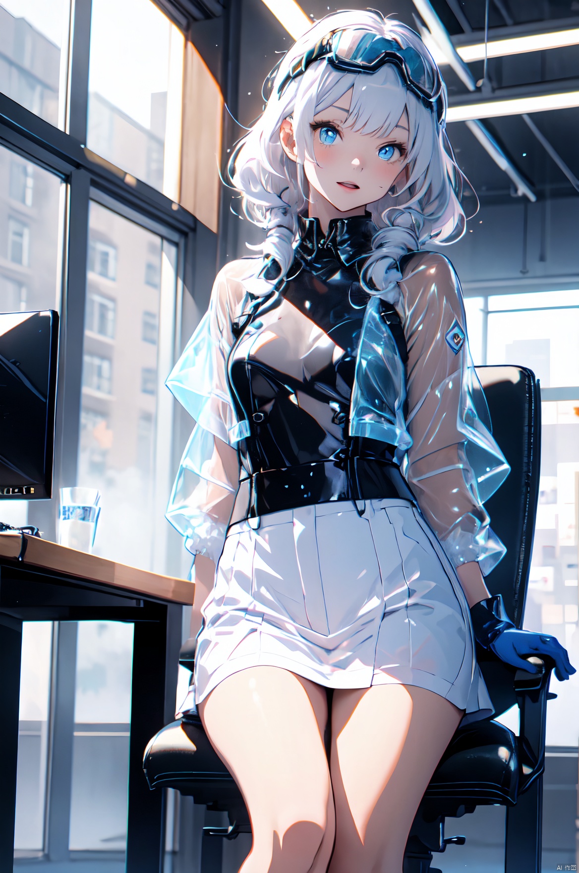  highres,masterpiece,best quality,highres,1girl,long white hair, blue eyes, bangs,solo,upper_body,sitting,(hands are typing):1.2,(A girl at work):1.3,(short hair):1.2,light blush,happy,laughing,open mouth,(white protective clothing):1.24,(Blue gloves,goggles):1.3,computer,keyboard,(day,morning):1.2,indoor,(office,windowpane):1.2,table,armchair,