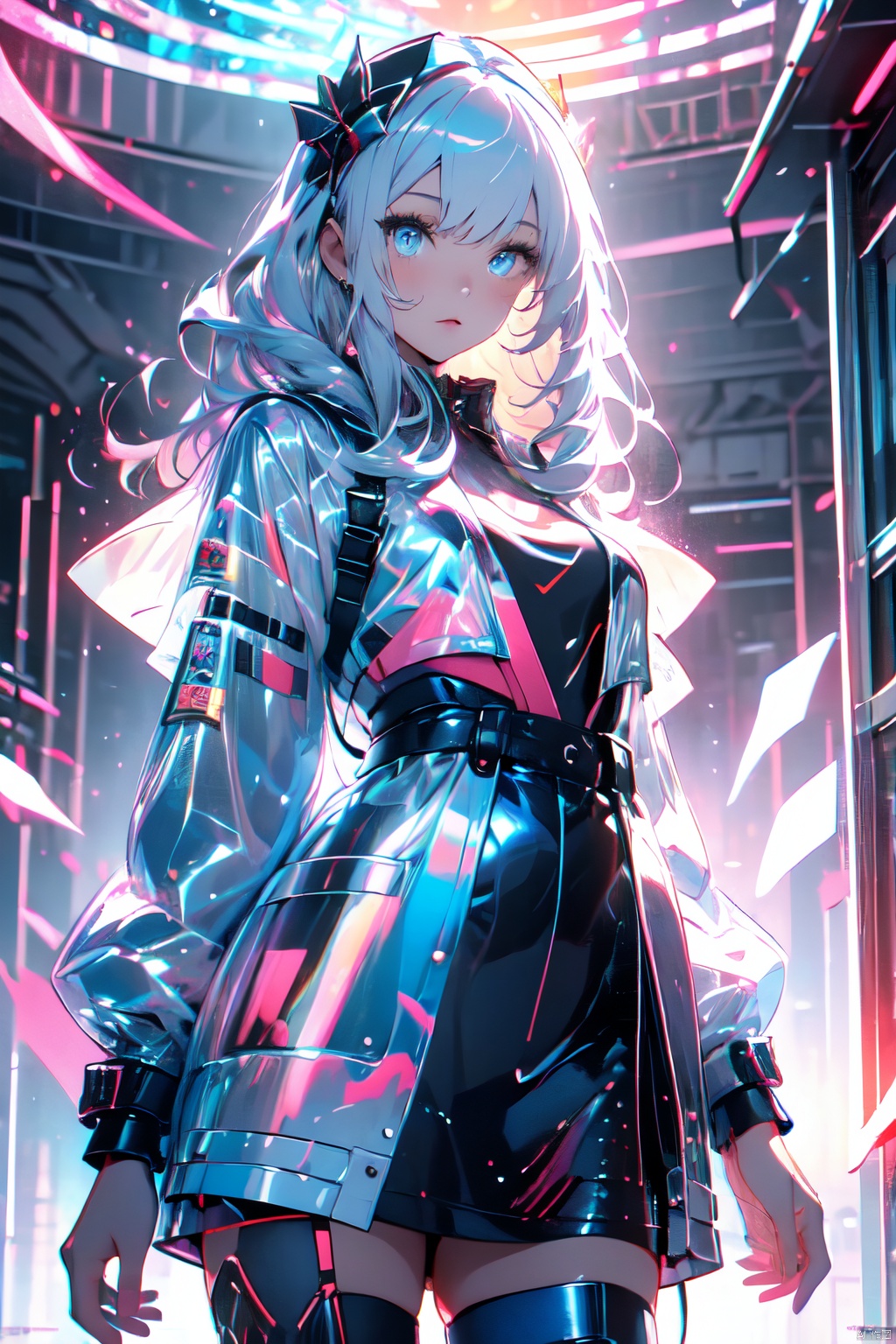  1 girl, frontal,blue eyes, white hair blowing in the wind, hands open, giant mecha warrior standing next to her, science fiction novel, mechanical armor, metallic luster, electroplating, clothing logo, Mars, spacecraft, floating cannon, hexagonal, (from bottom: 1.2), glow, backlight, (background blurry: 1.2) movie lighting, low illumination, VHS style, (masterpiece: 1.3), (best quality: 1.1), complex details, (Surrealism: 1.1), (Realistic details: 1.1), High level of detail, (The text on the cover should be bold and eye-catching, partially hidden behind the characters, with magazine titles and eye-catching titles: 1.4), Superview, Wide angle. Dynamic pose, lighting_ Stance, wide-angle lens