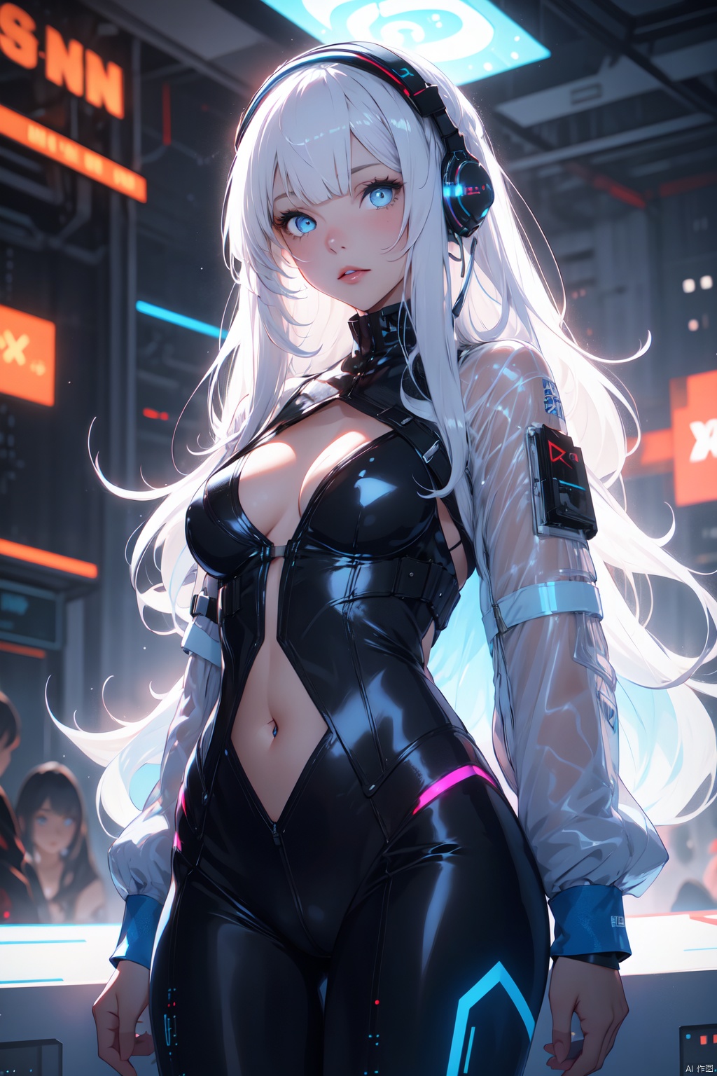  1girl, solo, long white hair, blue eyes, bangs, lips, bodysuit, covered navel, glowing, skin tight, headset, science fiction, head-mounted display, cyberpunk, hologram