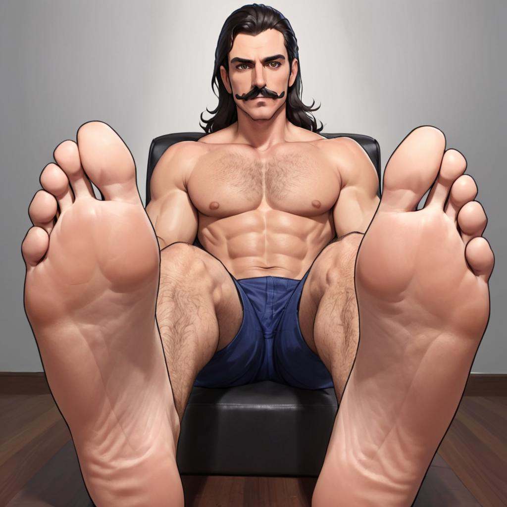 a sexy latino man with a handlebar mustache and long hair showing his feet,  anime style,  cartoon style on Tensor.Art