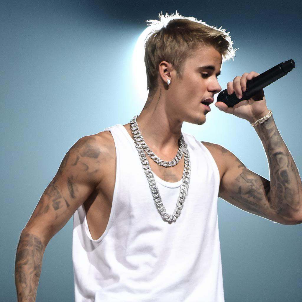 handsome Justin Bieber wearing a white **** top dancing in his chain necklace on stage on Tensor.Art