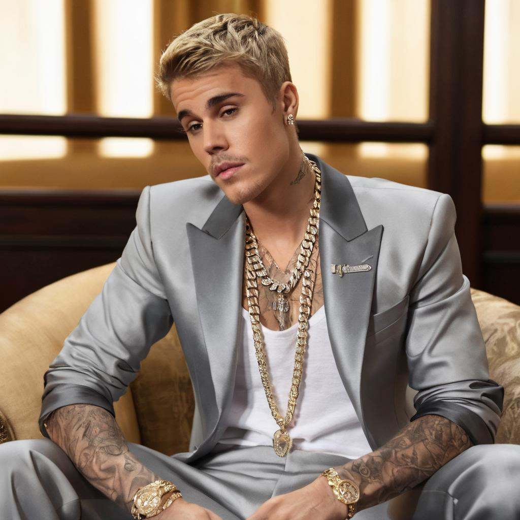 Justin Bieber wearing a suit and masculine chains while sitting in a fancy setting on Tensor.Art