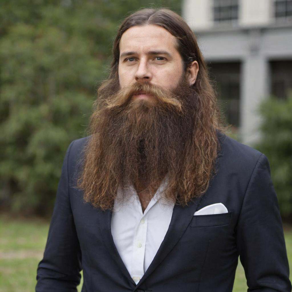 a man with long flowing hair and a big beard wearing a suit,  outside on Tensor.Art