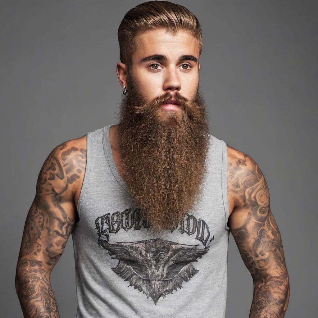 Justin bieber wearing a **** top and his has a big long beard ,  arm tattoos on Tensor.Art