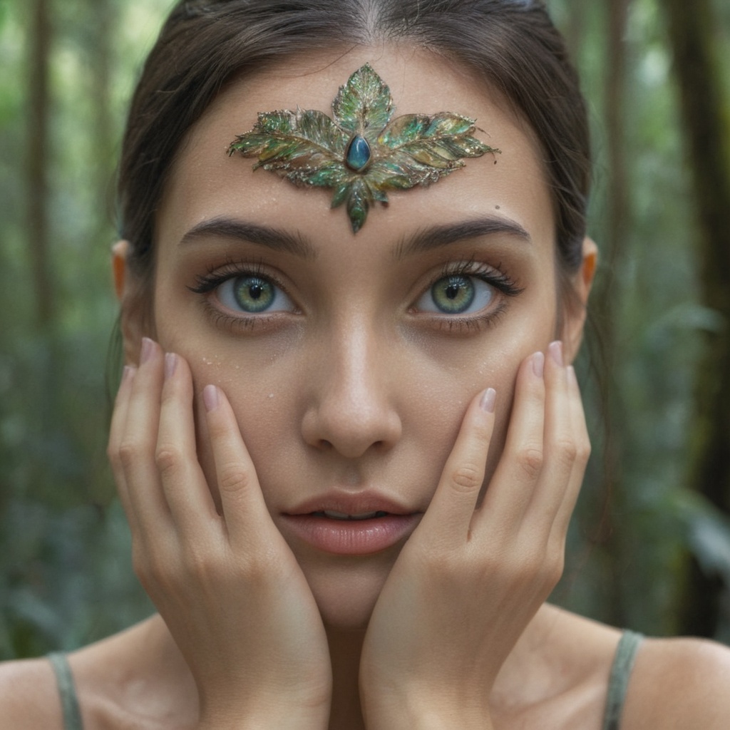 Extremely detailed close up photo of a woman standing above a rainforest,  her eyes vibrant with a otherworldly beauty,  U...