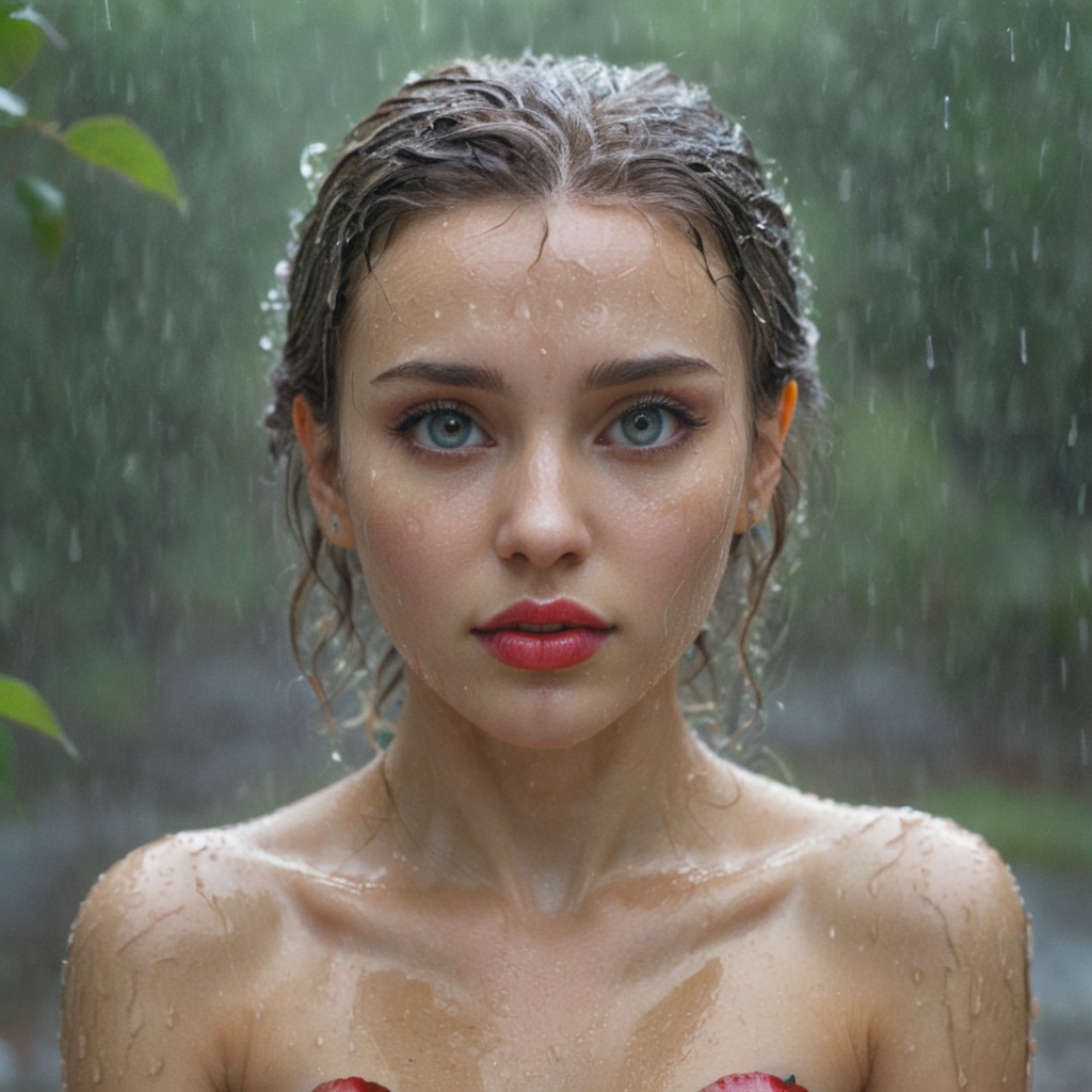 Picture this striking scene: A beautiful woman lies gracefully on the ground as rain falls gently onto her face. Her hair...