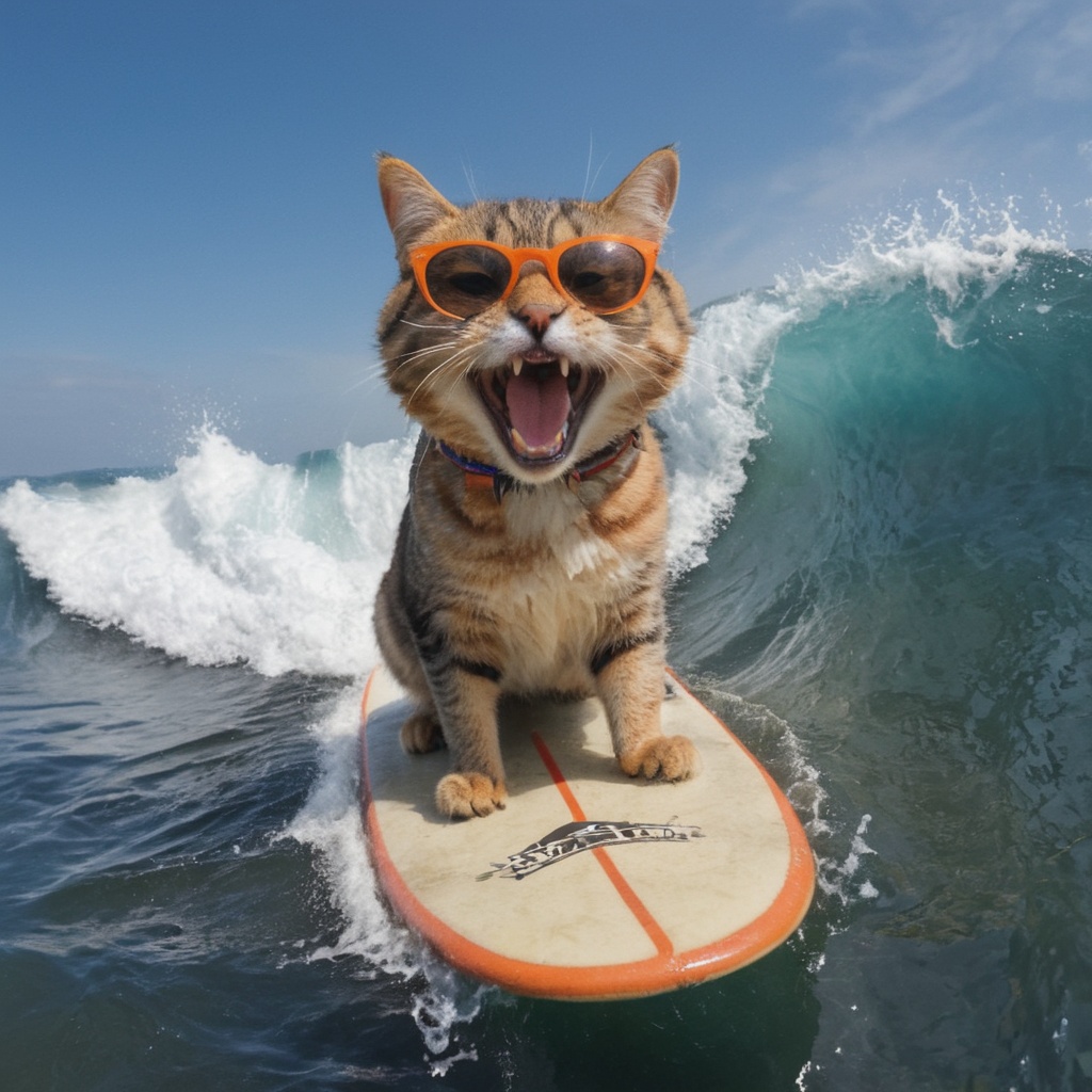 cat surfing on a surfboard,  high waves,  cat wearing sunglasses on Tensor.Art