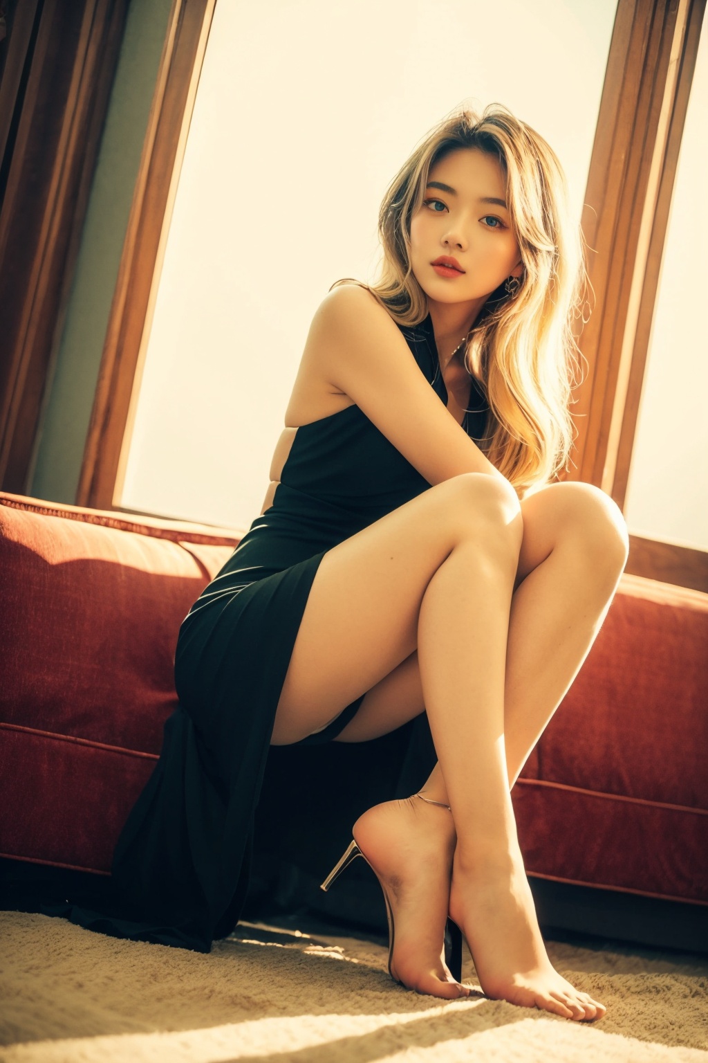 full body shot. a ultra real full body shot photo of 18 years old woman,  green eyes. long blond hair. showing more of her...