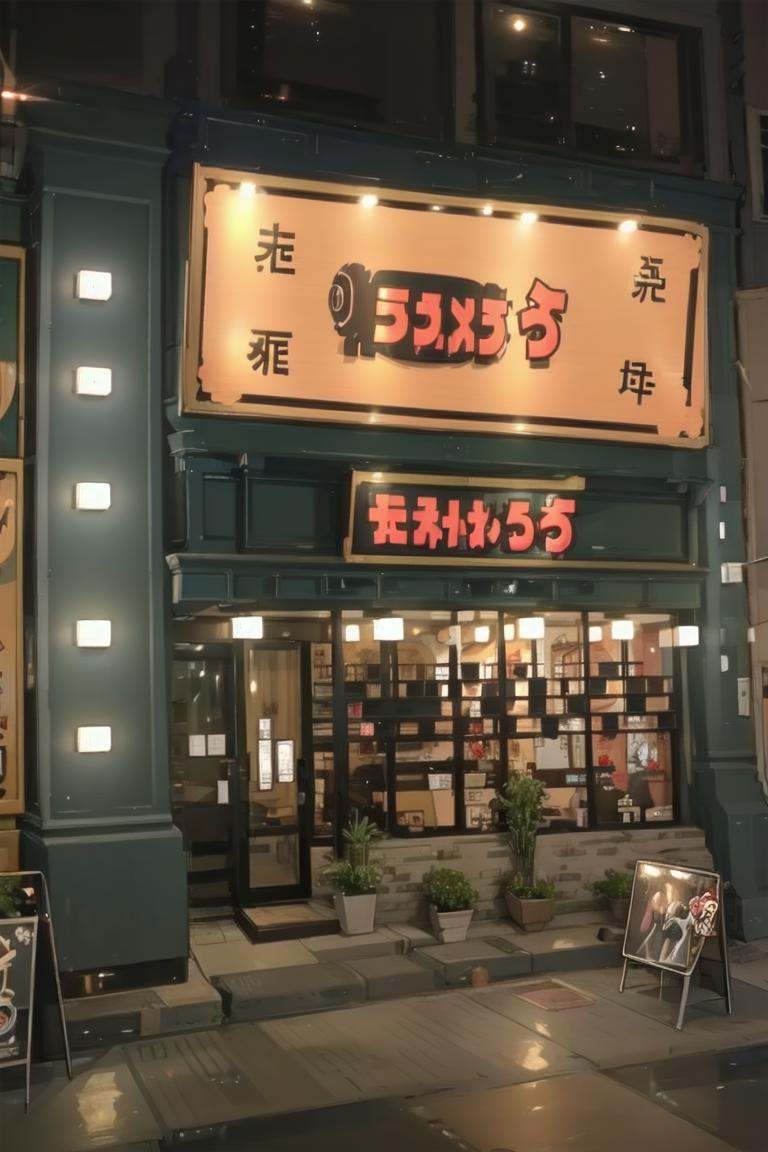 best quality, ultra-detailed, illustration,ramentarou, storefront, scenery, neon lights, sign, night, window, outdoors, door, building, light, road <lora:ramentarou_SD15_V1_DIM4:1>