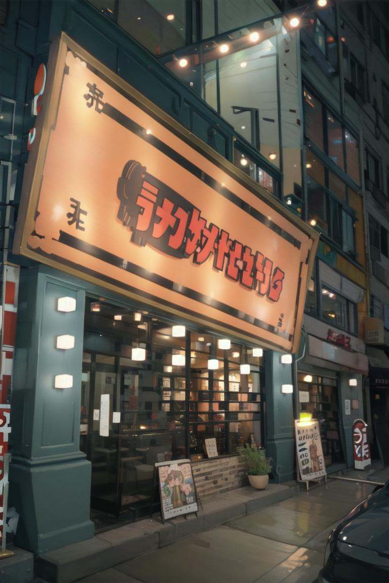 best quality, ultra-detailed, illustration,ramentarou, storefront, scenery, neon lights, sign, night, window, outdoors, door, building, light, road <lora:ramentarou_SD15_V1_DIM4:1>
