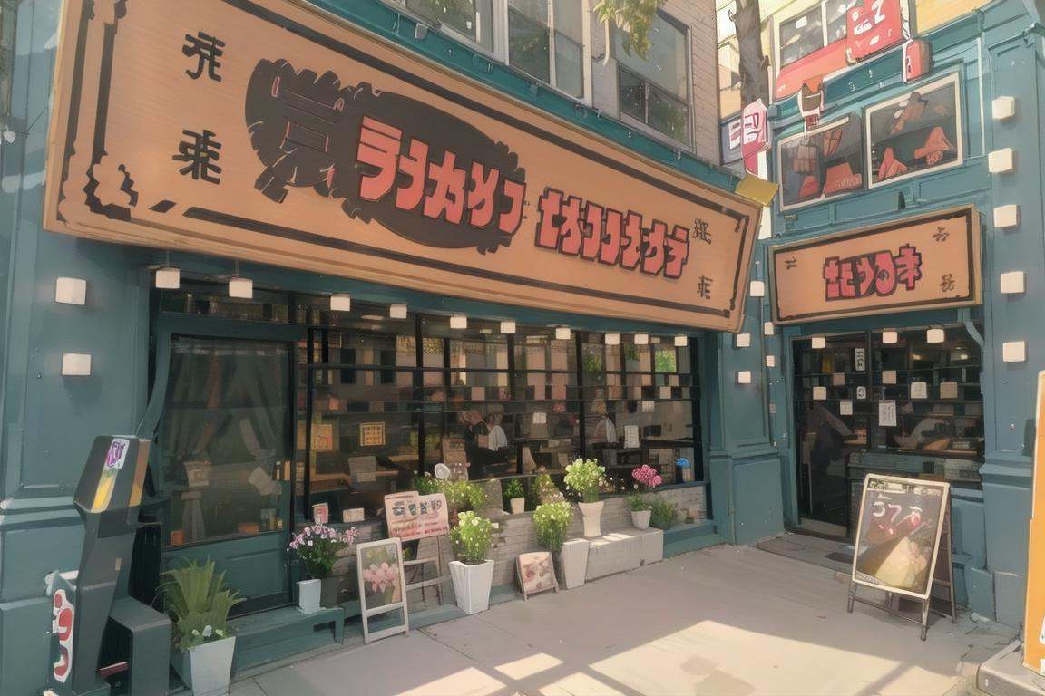 best quality, ultra-detailed, illustration,ramentarou, storefront, scenery, plant, sign, outdoors, potted plant, road, street, building, shop, tree, city, window, flower pot <lora:ramentarou_SD15_V1_DIM4:1>