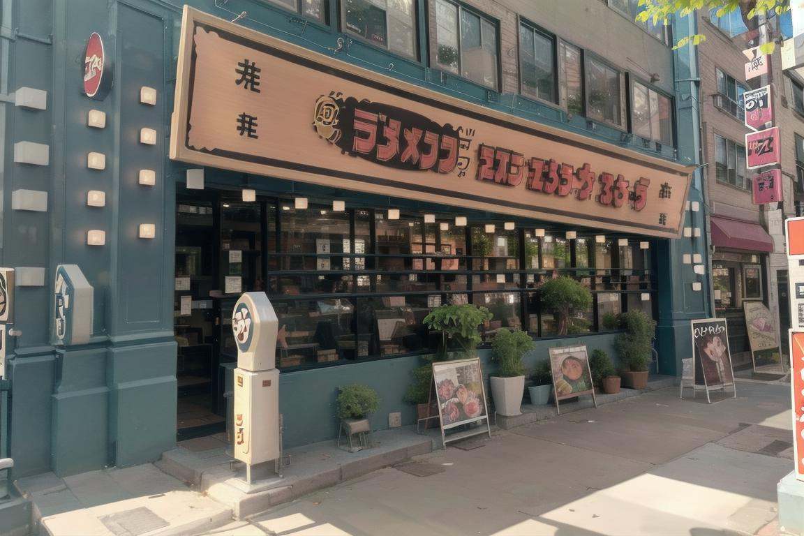 best quality, ultra-detailed, illustration,ramentarou, storefront, scenery, sign, outdoors, plant, street, road, building, real world location, road sign, city, power lines, potted plant, tree, utility pole, window, day, lamppost <lora:ramentarou_SD15_V1_DIM4:1>