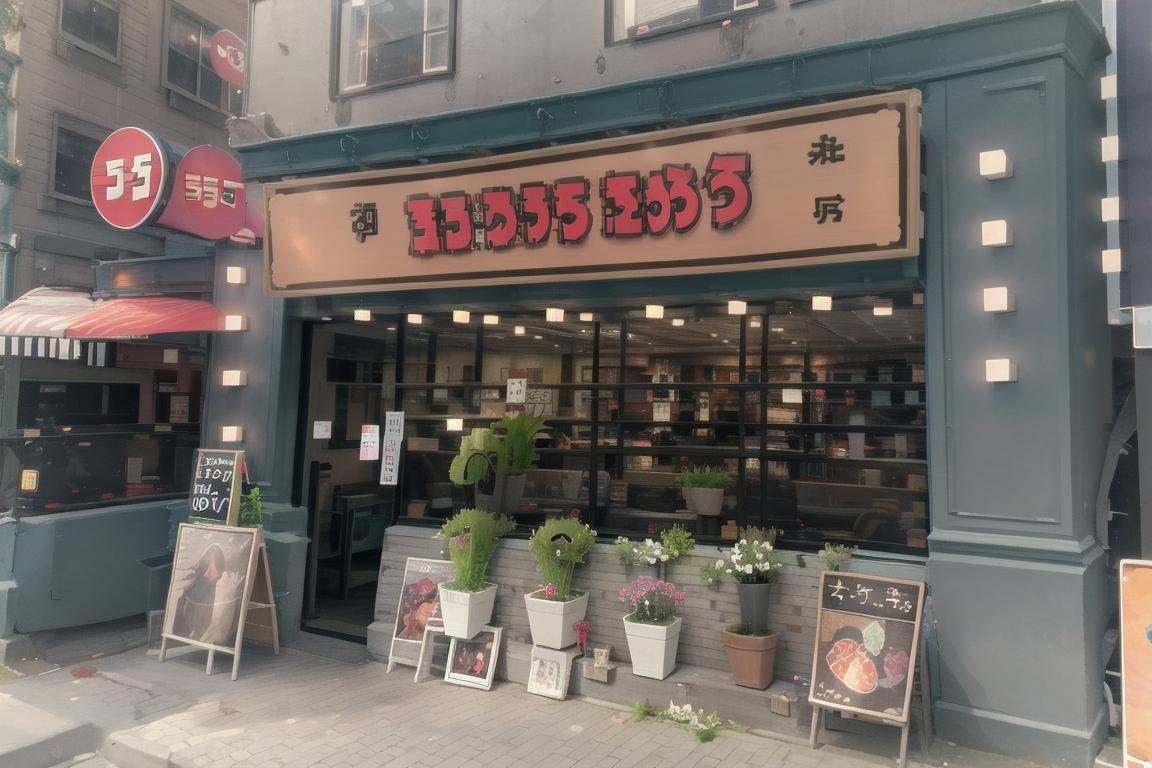 best quality, ultra-detailed, illustration,ramentarou, storefront, scenery, sign, plant, outdoors, potted plant, shop, flower, flower pot, road, building <lora:ramentarou_SD15_V1_DIM4:1>