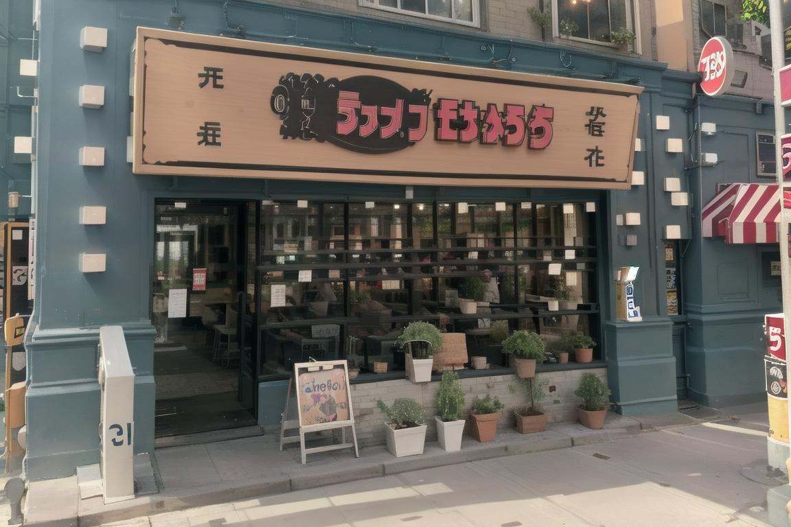 best quality, ultra-detailed, illustration,ramentarou, storefront, scenery, sign, outdoors, plant, street, road, building, real world location, road sign, city, power lines, potted plant, tree, utility pole, window, day, lamppost <lora:ramentarou_SD15_V1_DIM4:1>