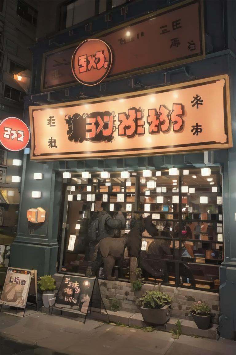 best quality, ultra-detailed, illustration,ramentarou, storefront, scenery, neon lights, sign, night, window, outdoors, door, building, light, road <lora:ramentarou_SD15_V1_DIM4:1>