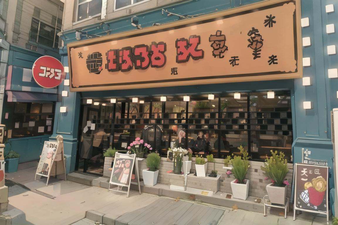 best quality, ultra-detailed, illustration,ramentarou, storefront, scenery, plant, sign, outdoors, potted plant, road, street, building, shop, tree, city, window, flower pot <lora:ramentarou_SD15_V1_DIM4:1>