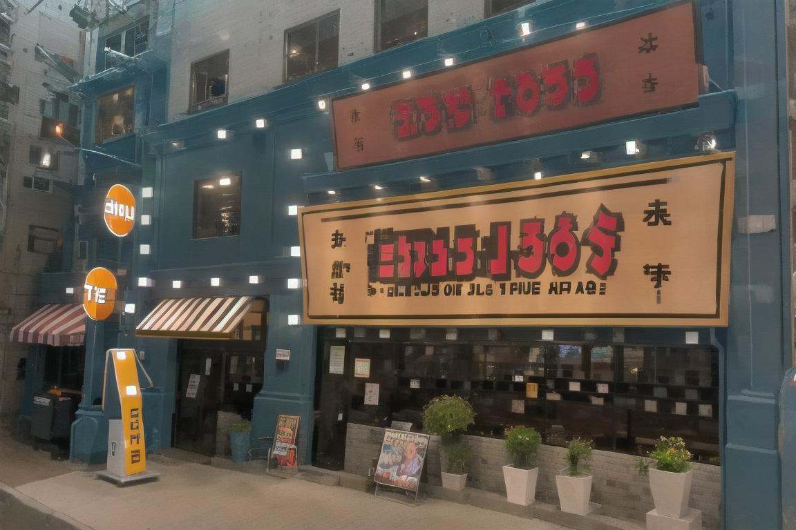 best quality, ultra-detailed, illustration,ramentarou, storefront, scenery, sign, outdoors, plant, street, road, building, real world location, road sign, city, power lines, potted plant, tree, utility pole, window, day, lamppost <lora:ramentarou_SD15_V1_DIM4:1>