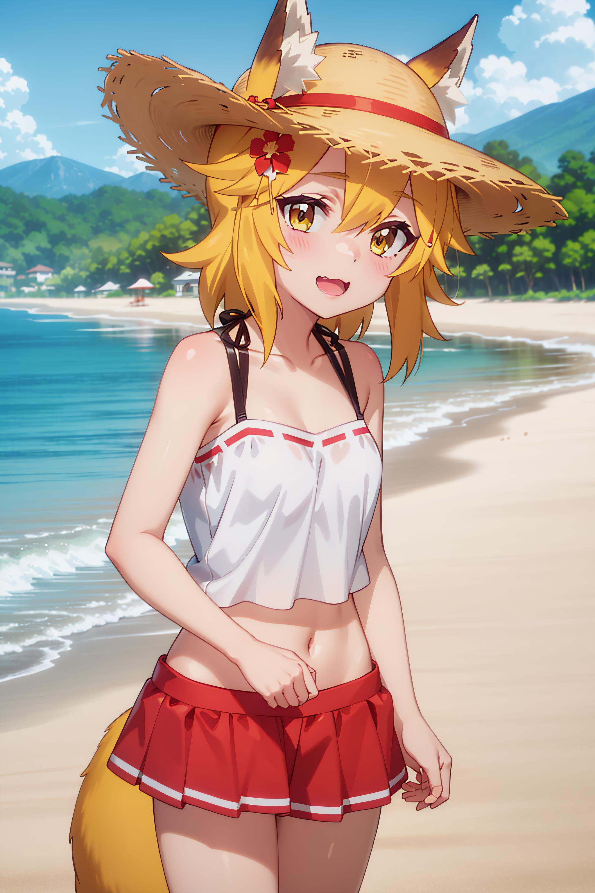 best quality, masterpiece, detailed,<lora:SewayakiKitsune_Senko:0.8>, KitsuneSenko,1girl, :3, open mouth,orange hair, yellow eyes, medium hair, fox ears, fox tail, SenkoSwimsuit, white camisole, midriff, red skirt, straw hat, hat flower, standing, head tilt, looking at viewer, outdoors, beach, water, palm