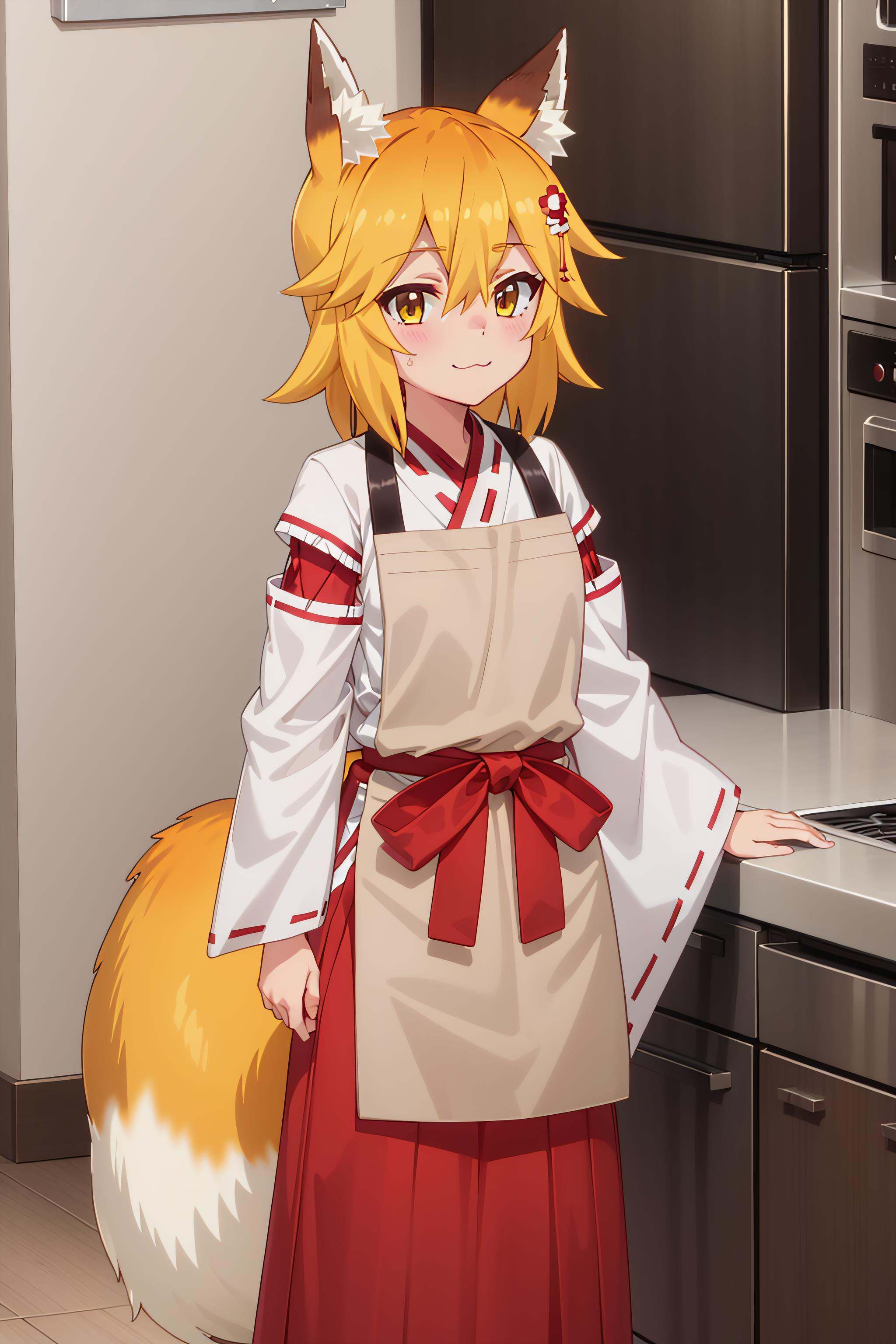 best quality, masterpiece, detailed,<lora:SewayakiKitsune_Senko:0.8>, KitsuneSenko,1girl, :3, closed mouth, light smile,orange hair, yellow eyes, medium hair, fox ears, fox tail,SenkoMiko, miko, brown apron, red hakama,standing, looking at viewer, arms at sides,indoors, kitchen