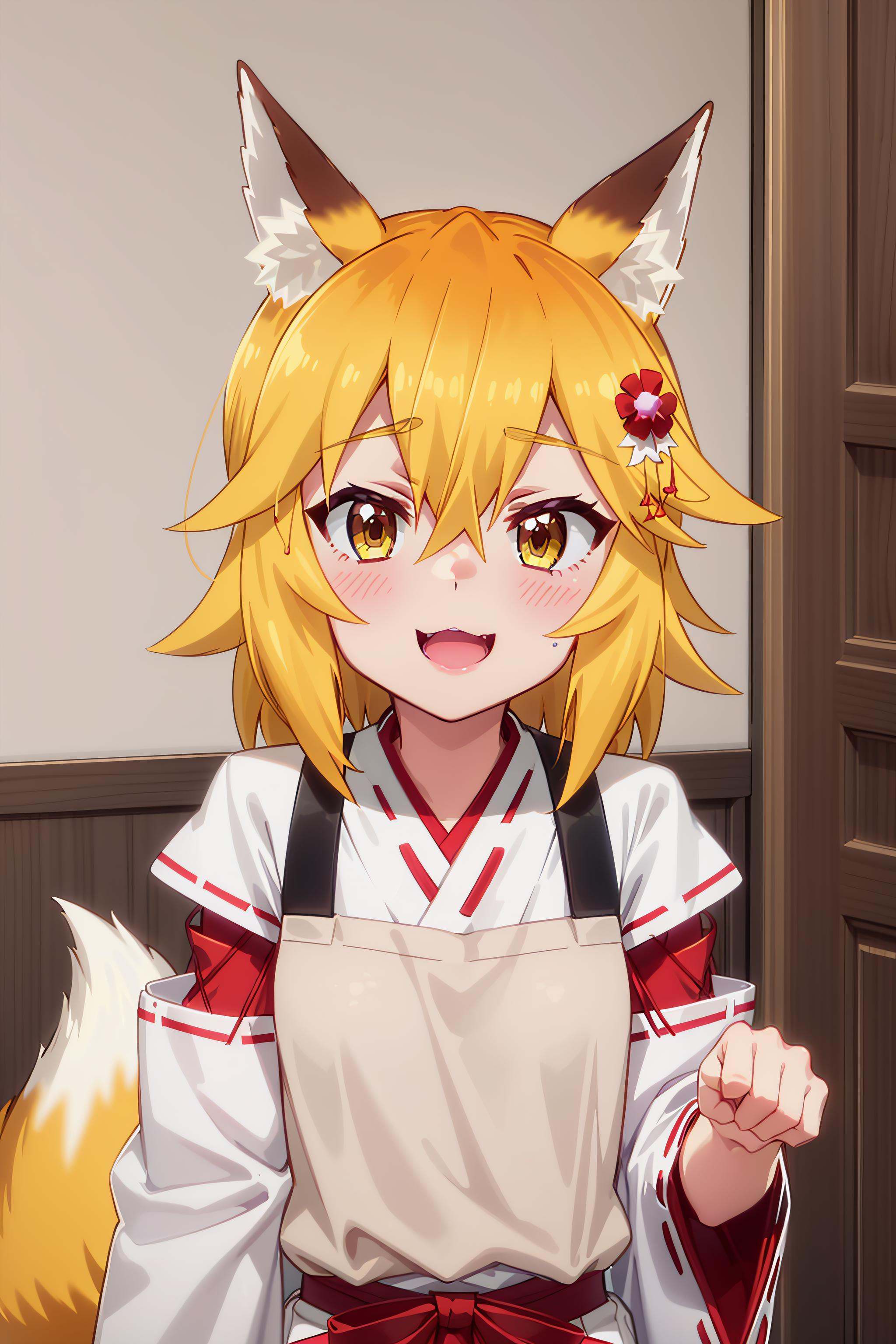 best quality, masterpiece, detailed,<lora:SewayakiKitsune_Senko:0.8>, KitsuneSenko,1girl, :3, open mouth, smile,orange hair, yellow eyes, medium hair, fox ears, fox tail,SenkoMiko, miko, brown apron, red hakama,portrait, facing viewer, looking at viewer, (reaching:1.3),indoors