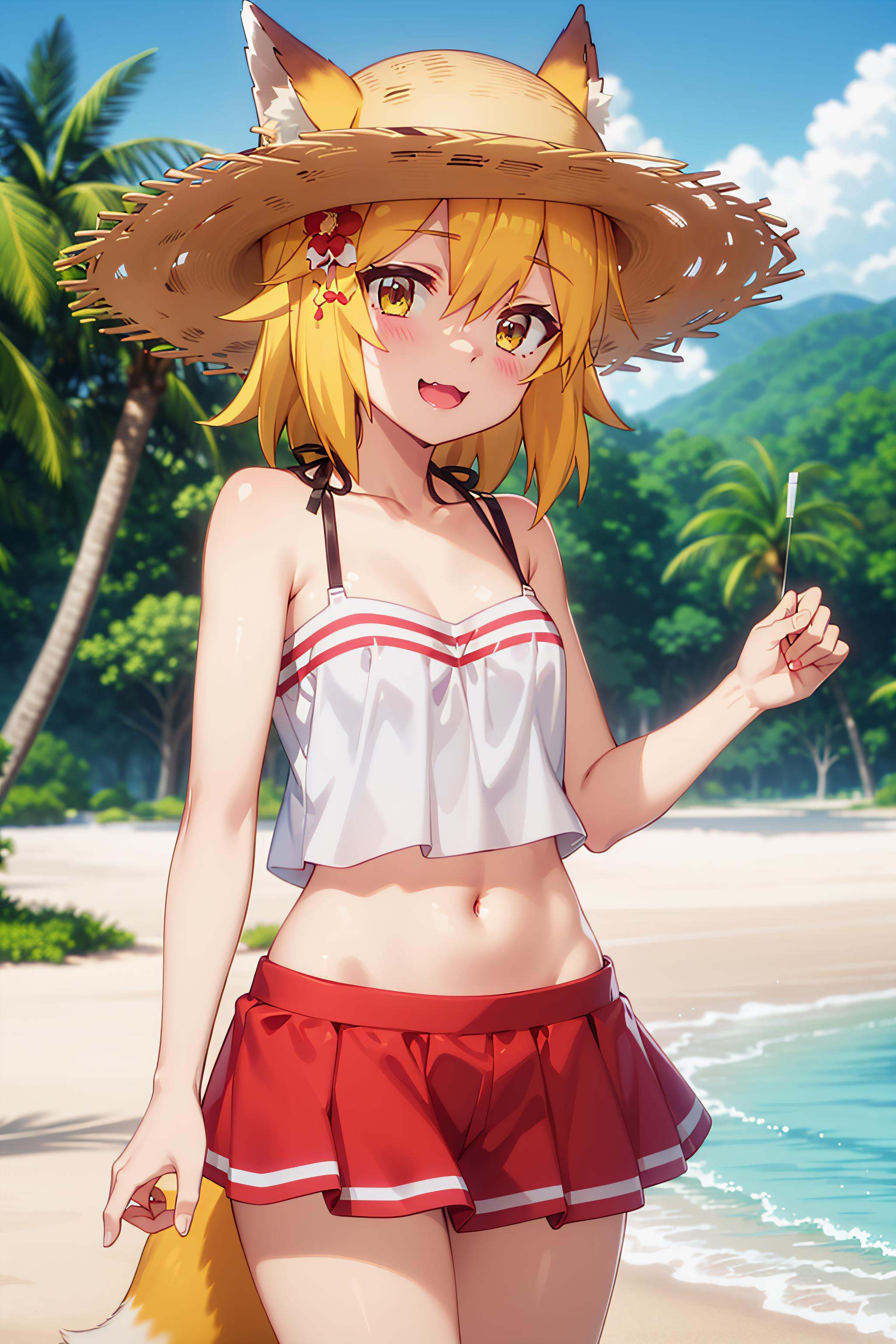 best quality, masterpiece, detailed,<lora:SewayakiKitsune_Senko:0.8>, KitsuneSenko,1girl, :3, open mouth,orange hair, yellow eyes, medium hair, fox ears, fox tail, SenkoSwimsuit, white camisole, midriff, red skirt, straw hat, hat flower, standing, head tilt, looking at viewer, outdoors, beach, water, palm