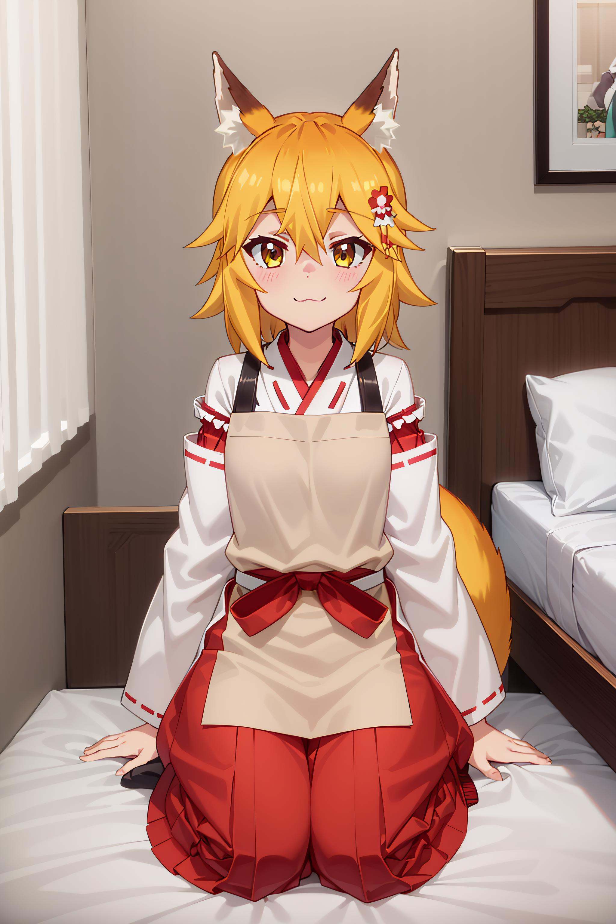 best quality, masterpiece, detailed,<lora:SewayakiKitsune_Senko:0.8>, KitsuneSenko,1girl, :3, closed mouth, light smile,orange hair, yellow eyes, medium hair, fox ears, fox tail,SenkoMiko, miko, brown apron, red hakama,wariza, on bed, looking at viewer, arms at sides,indoors