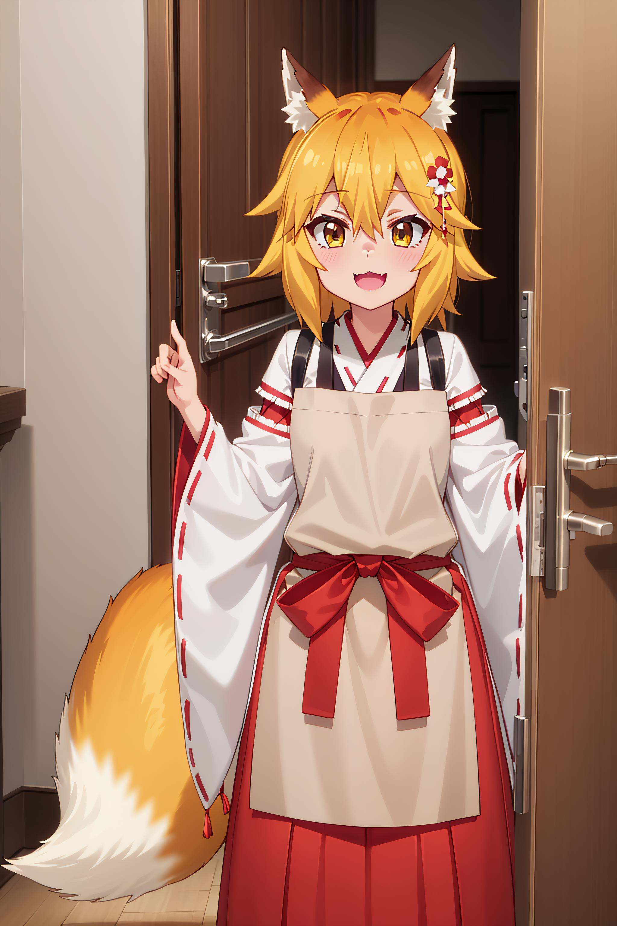 best quality, masterpiece, detailed,<lora:SewayakiKitsune_Senko:0.8>, KitsuneSenko,1girl, :3, open mouth, smile,orange hair, yellow eyes, medium hair, fox ears, fox tail,SenkoMiko, miko, brown apron, red hakama,facing viewer, looking at viewer,indoors, door