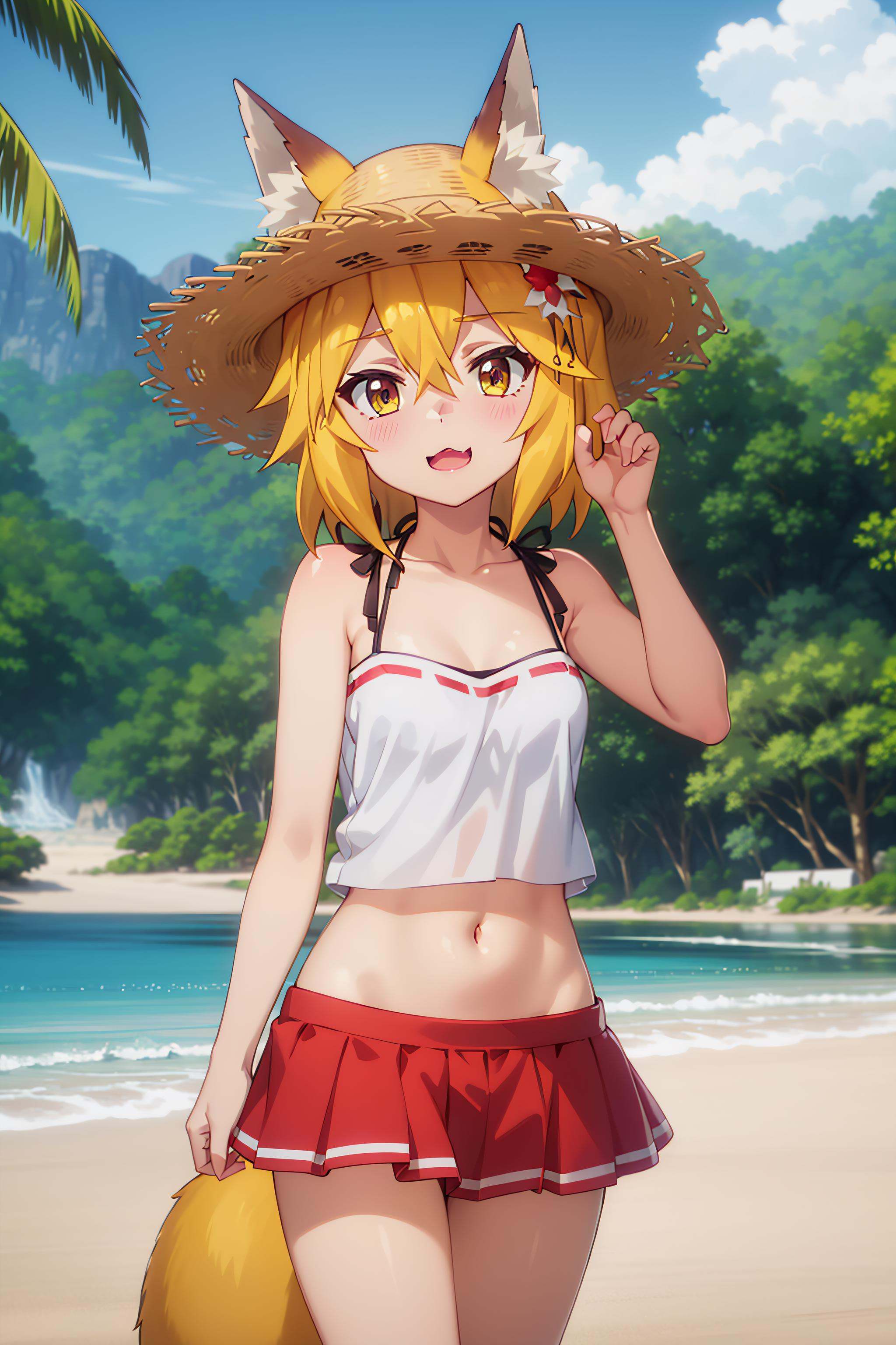 best quality, masterpiece, detailed,<lora:SewayakiKitsune_Senko:0.8>, KitsuneSenko,1girl, :3, open mouth,orange hair, yellow eyes, medium hair, fox ears, fox tail, SenkoSwimsuit, white camisole, midriff, red skirt, straw hat, hat flower, standing, head tilt, looking at viewer, outdoors, beach, water, palm
