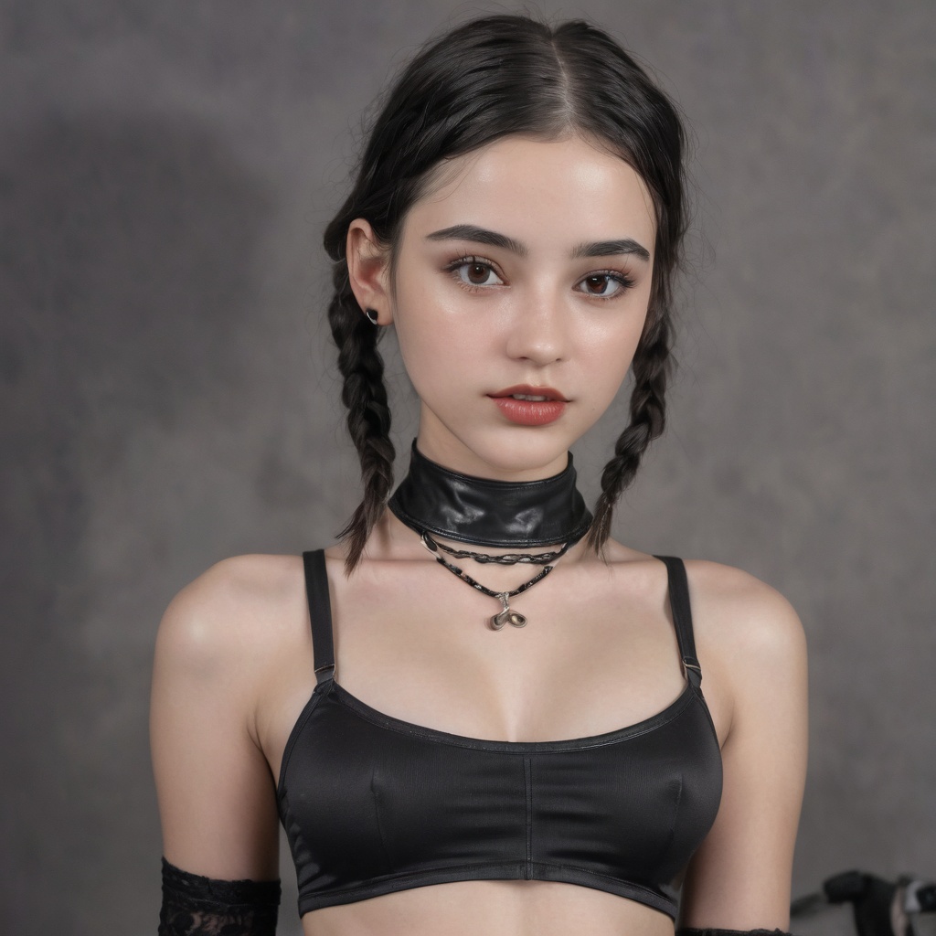 Young girl black hair in two braids black lipstic wearing a crop top and a short mini (skirt) She is wearing a black choke...