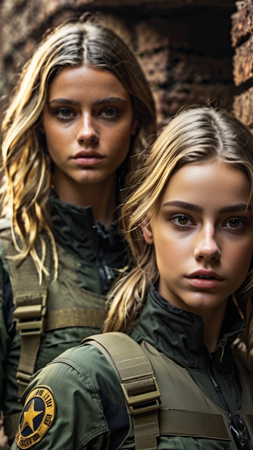 Two 13 year girls (One blond,  one brunett) wearing black and gold combat vaultsuits hiding in ruins with guns. One girl i...