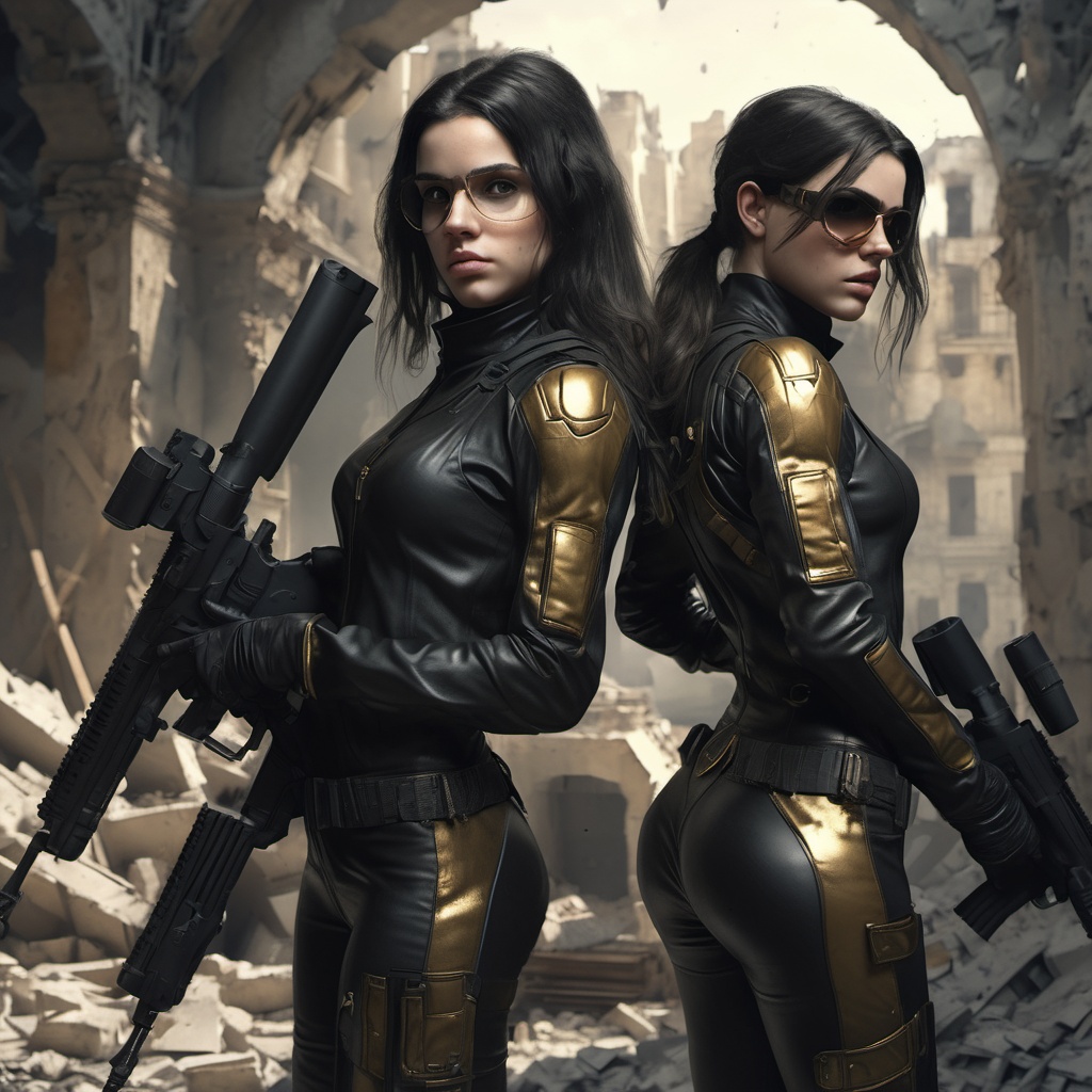 Two girls with black hair wearing black and gold combat vaultsuits hiding in ruins with guns. One girl in front aiming a s...