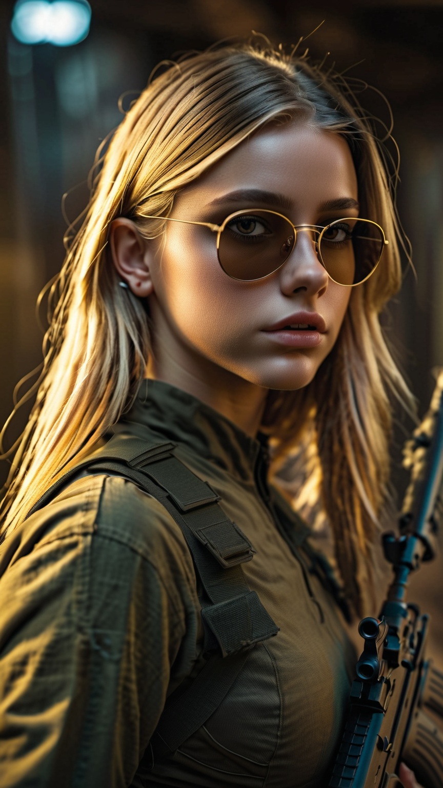 Two 13 year girls (One blond,  one brunett) wearing black and gold combat vaultsuits hiding in ruins with guns. One girl i...
