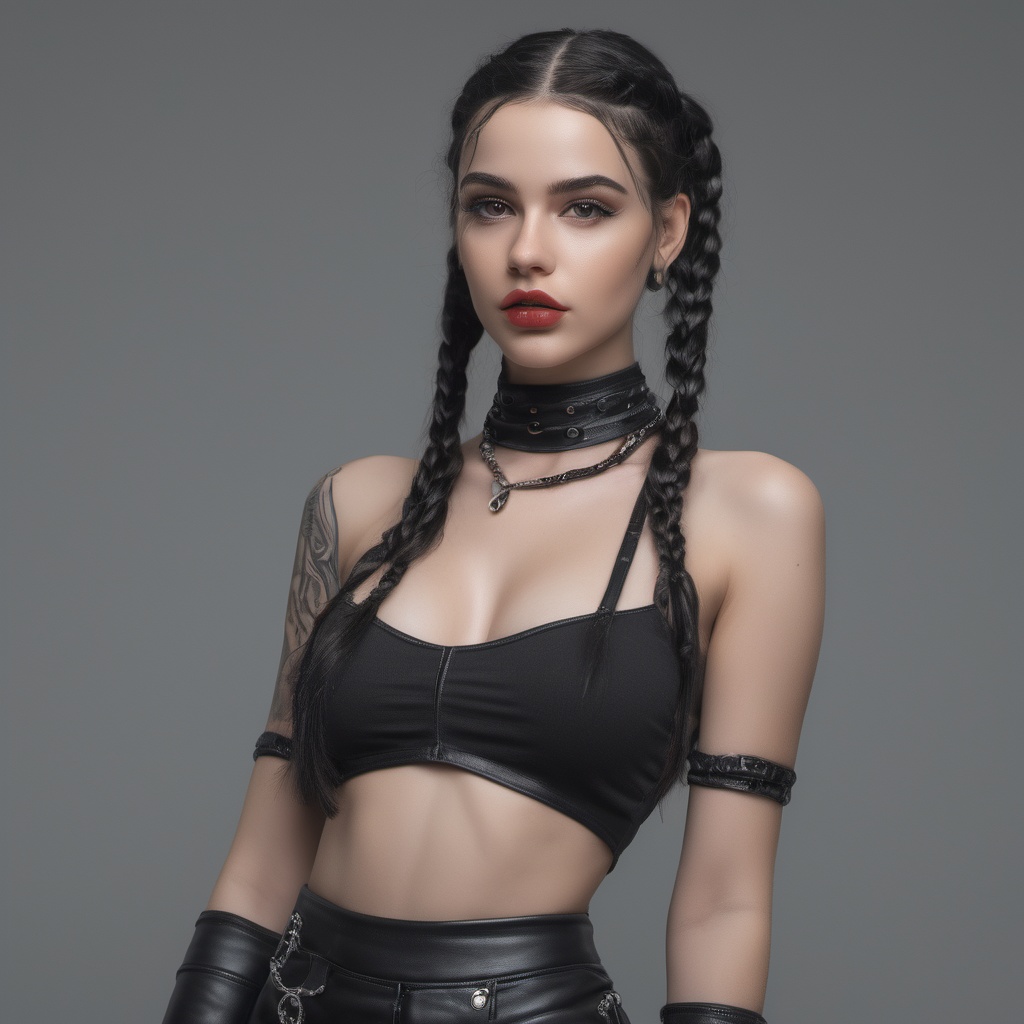 Young girl black hair in two braids black lipstic wearing a crop top and a short mini (skirt) She is wearing a black choke...
