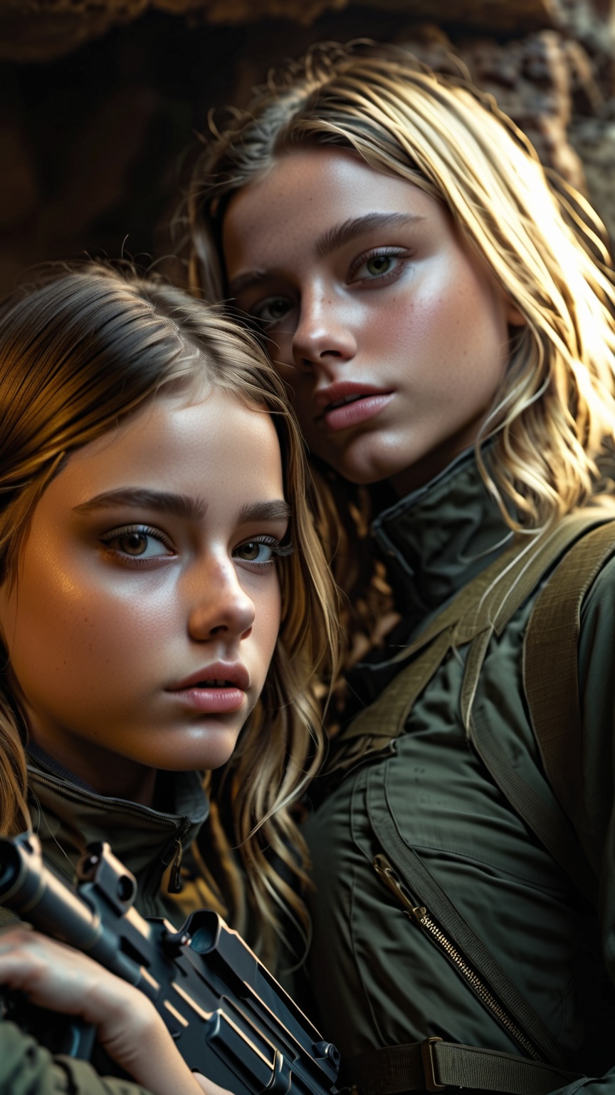 Two 13 year girls (One blond,  one brunett) wearing black and gold combat vaultsuits hiding in ruins with guns. One girl i...