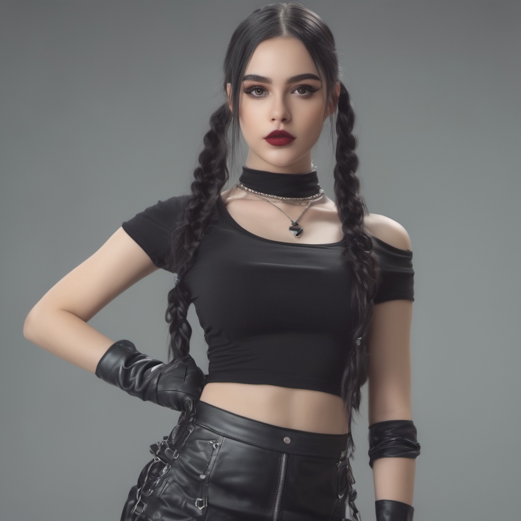 Young girl black hair in two braids black lipstic wearing a crop top and a short mini (skirt) She is wearing a black choke...