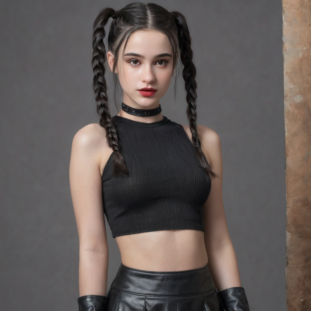 Young girl black hair in two braids black lipstic wearing a crop top and a short mini (skirt) She is wearing a black choke...
