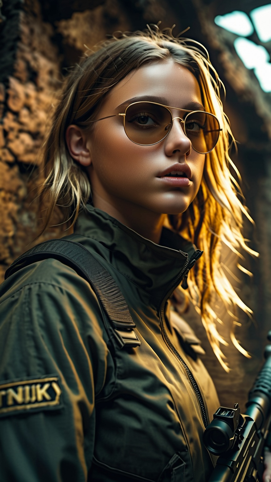 Two 13 year girls (One blond,  one brunett) wearing black and gold combat vaultsuits hiding in ruins with guns. One girl i...