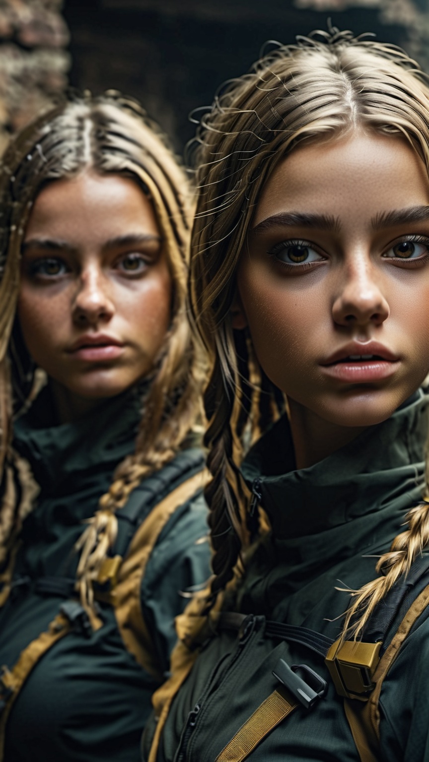 Two 13 year girls (One blond,  one brunett) wearing black and gold combat vaultsuits hiding in ruins with guns. One girl i...